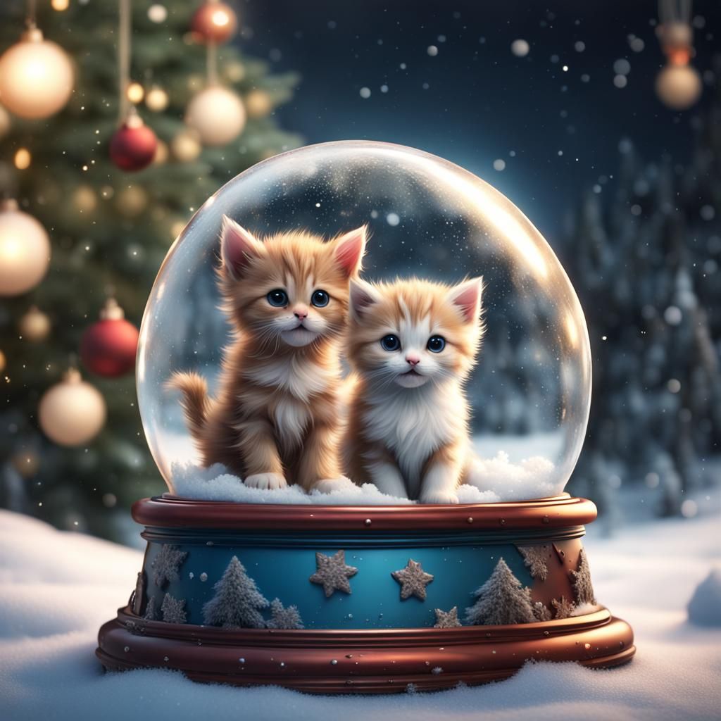 Kitten and Puppy Christmas Snow Globe: Detailed Digital Art