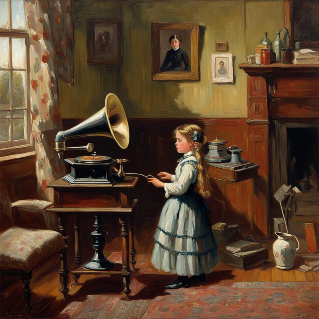 Victorian Girl Listens to Gramophone, Oil Painting