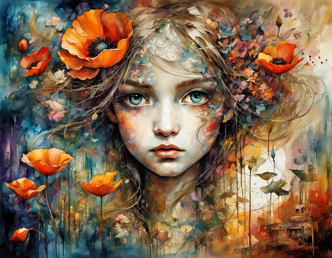 Ethereal Dreamscape in Watercolor Ink with Floral Elements