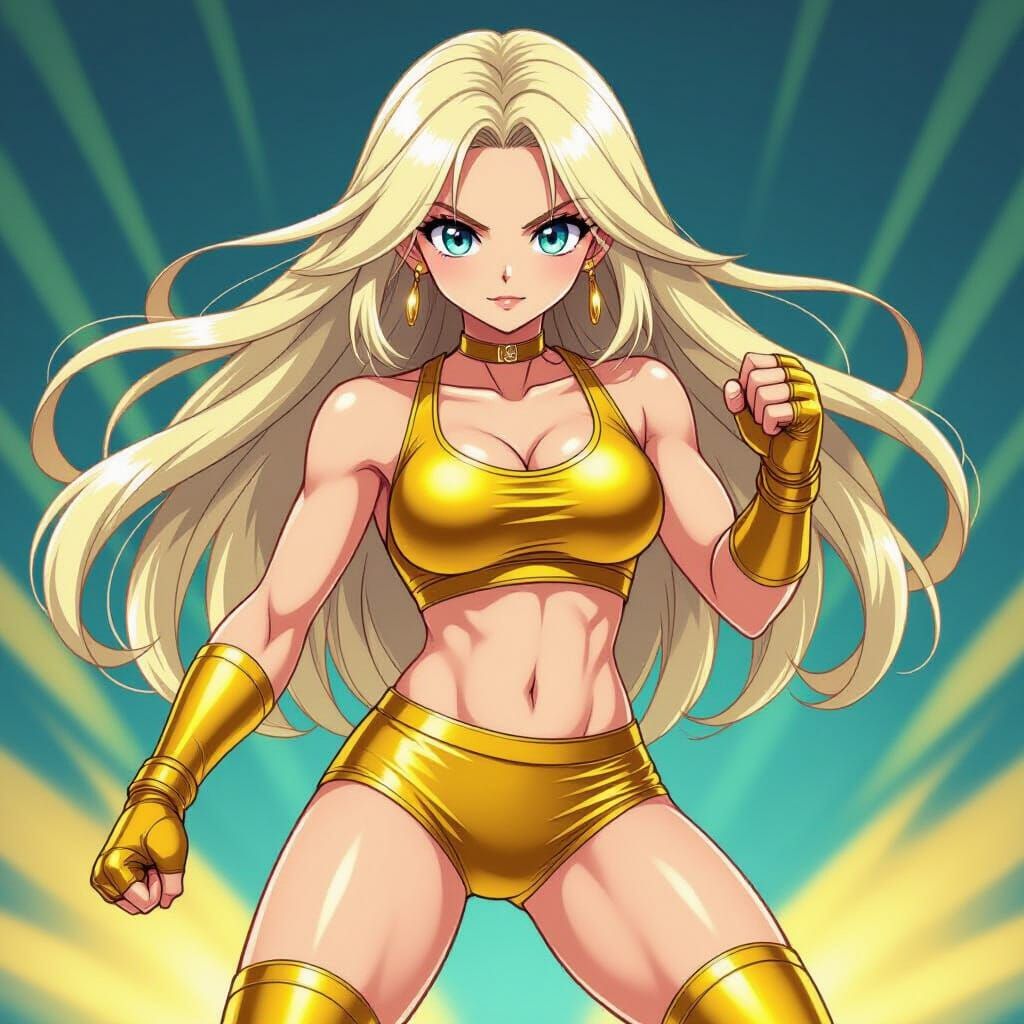 Anime Wrestler in Dynamic Gold Outfit, Vibrant Art Style