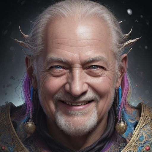 Wise Magic Master Smiling in Hyperrealistic Style