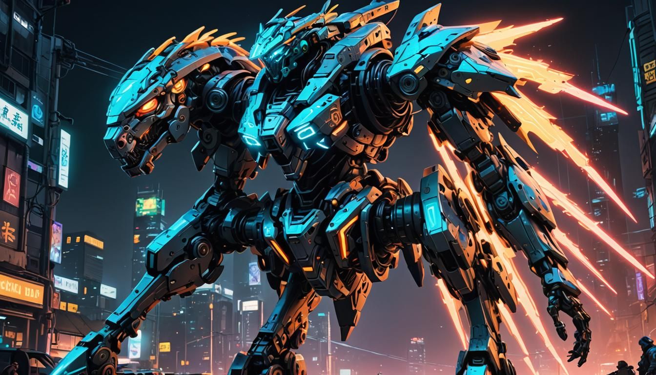 Bioluminescent Mecha Warrior on Cyberpunk Horse