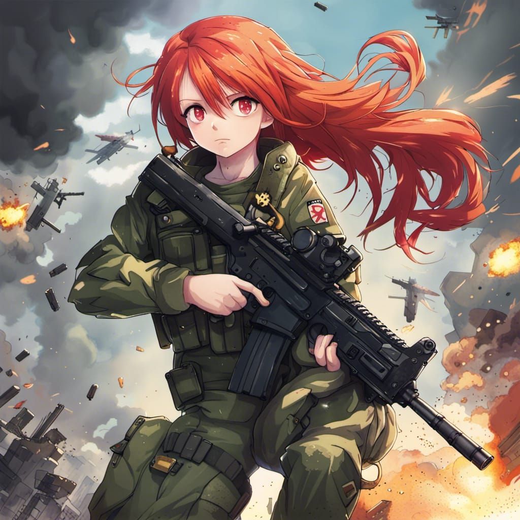 Anime Girl in Combat Gear with Nuclear Explosion