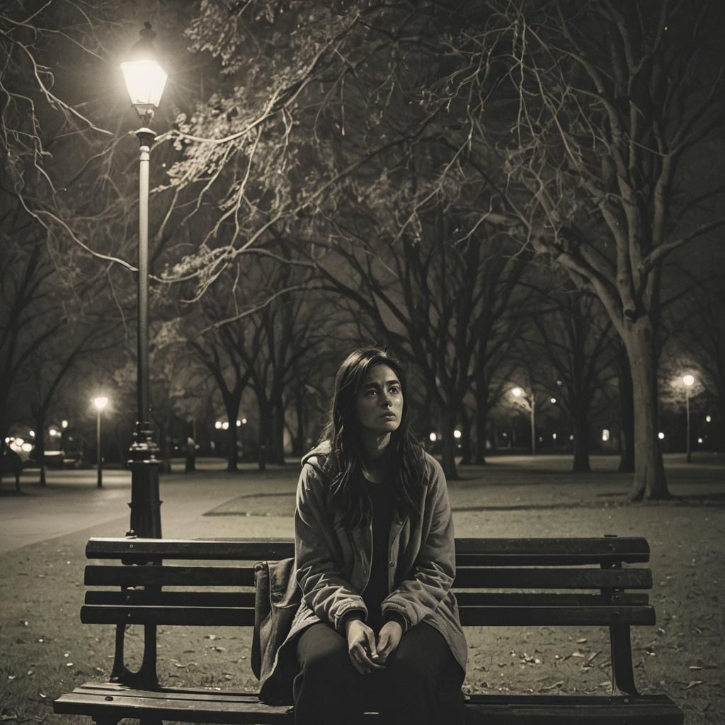 Lonely Woman on Park Bench at Night