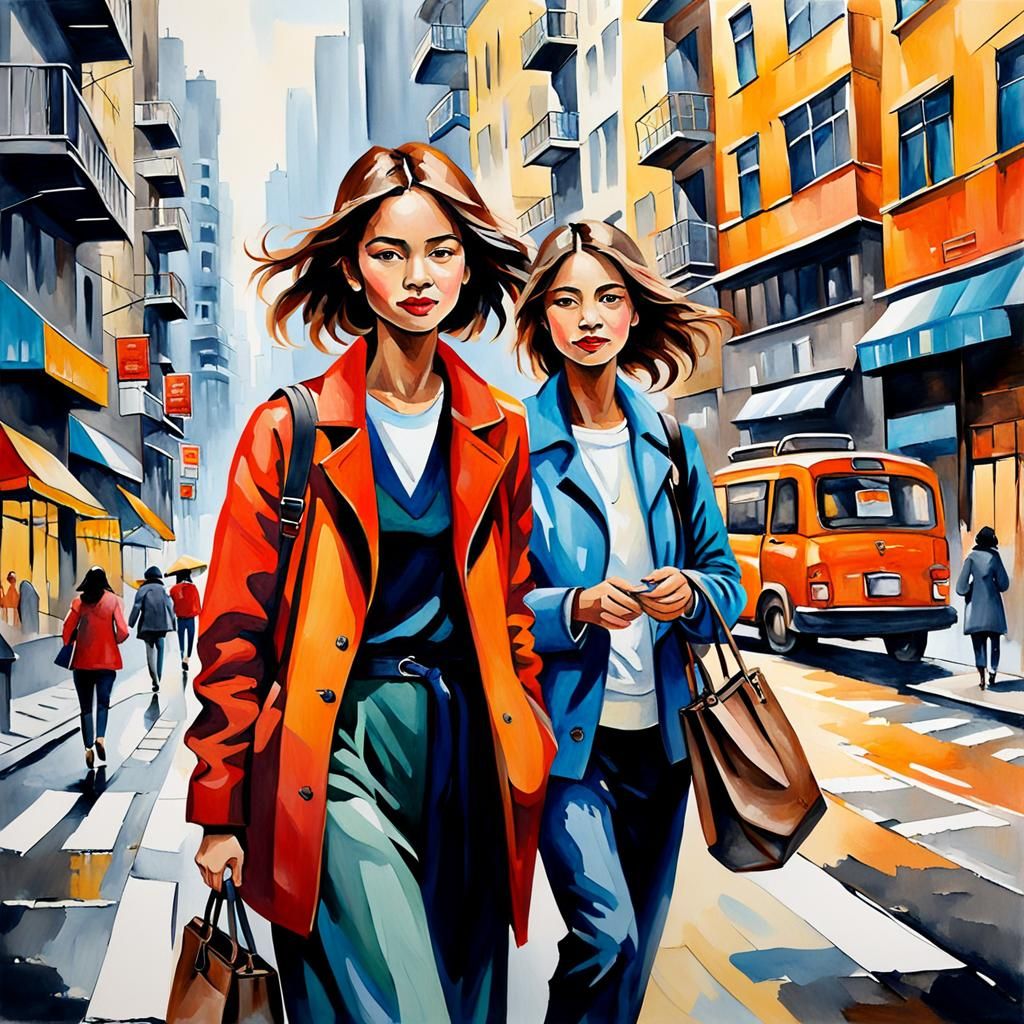 Modern Women in Urban Landscape: Oil and Watercolor