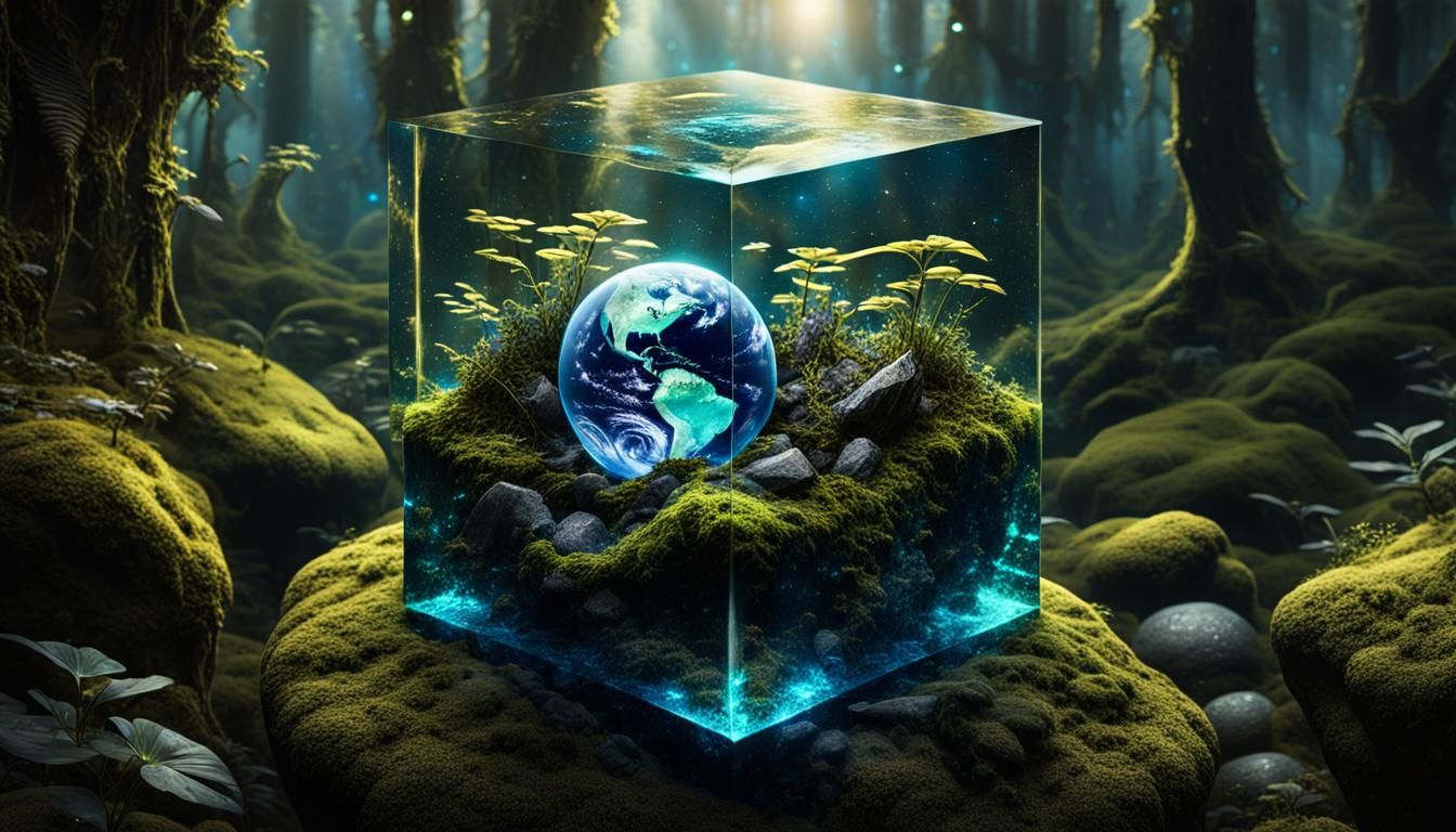 Glowing Earth in Glass Cube, Surreal Digital Art