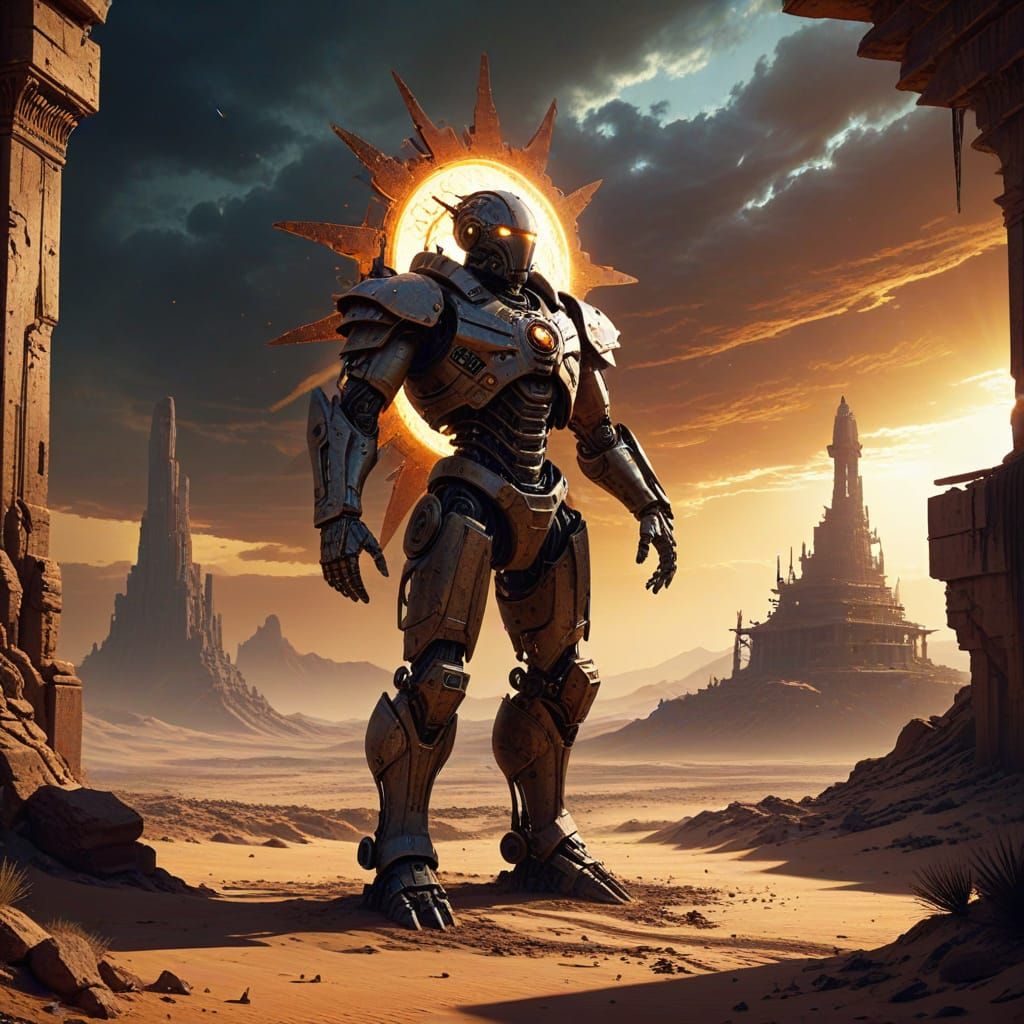 Ancient Automaton Guards Desert Ruins Under Dying Sun