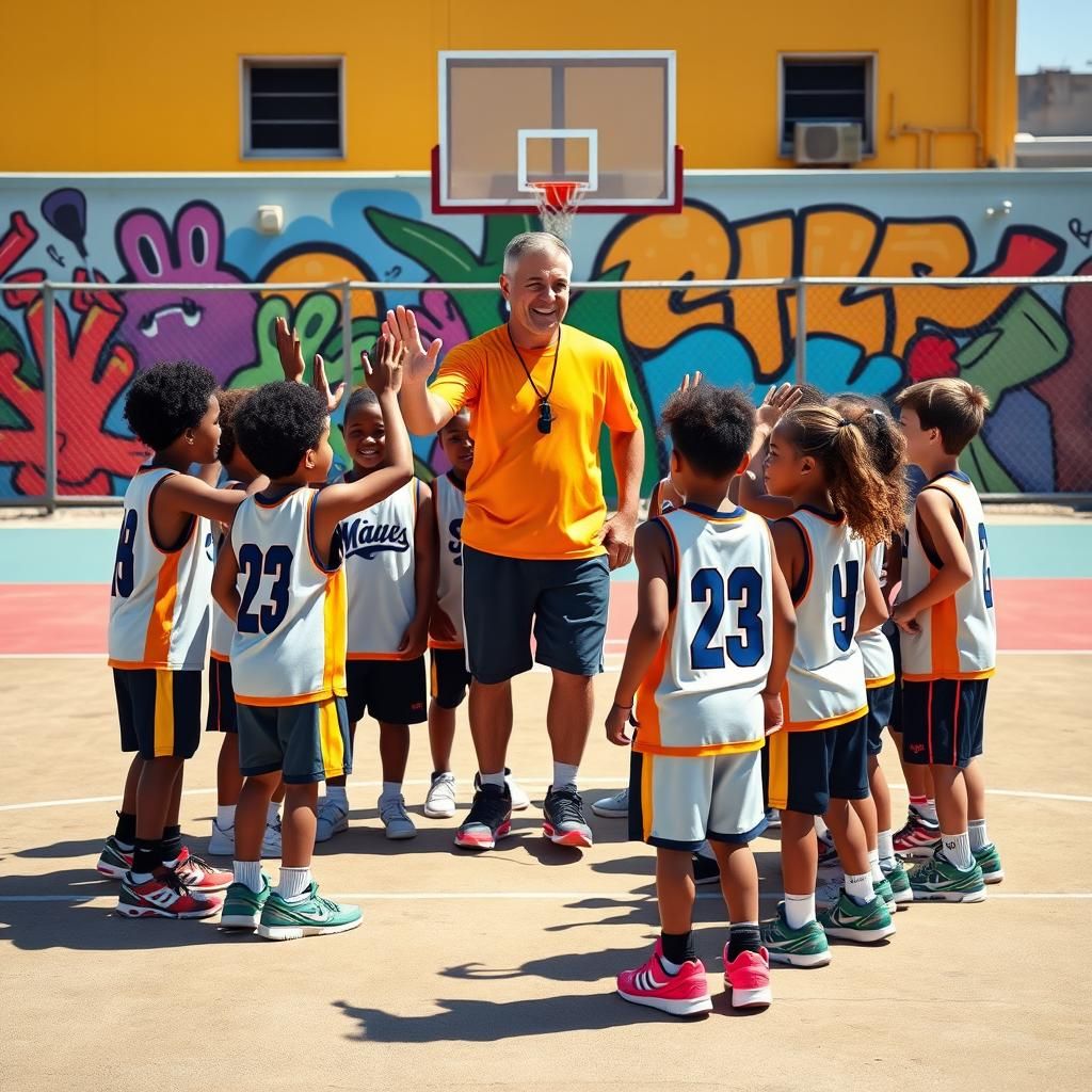 Children's Basketball Teamwork Training in Basquiat Style