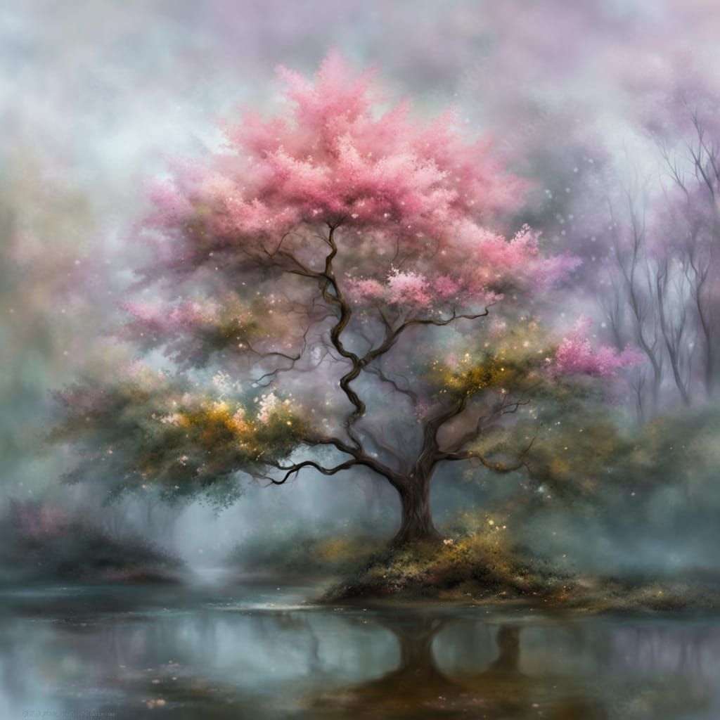 Pink and Silver Tree in Watercolor Style