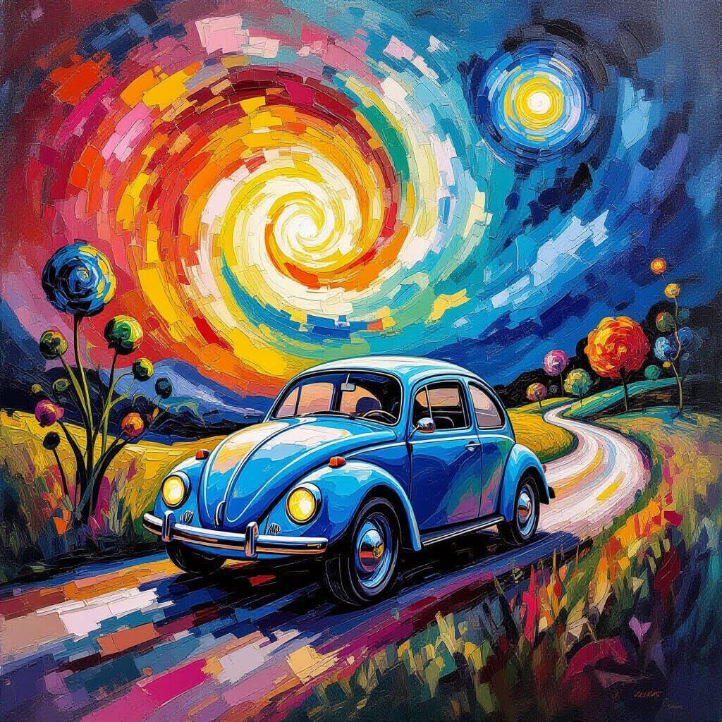 Surreal Car Journey in Impasto Acrylic Style