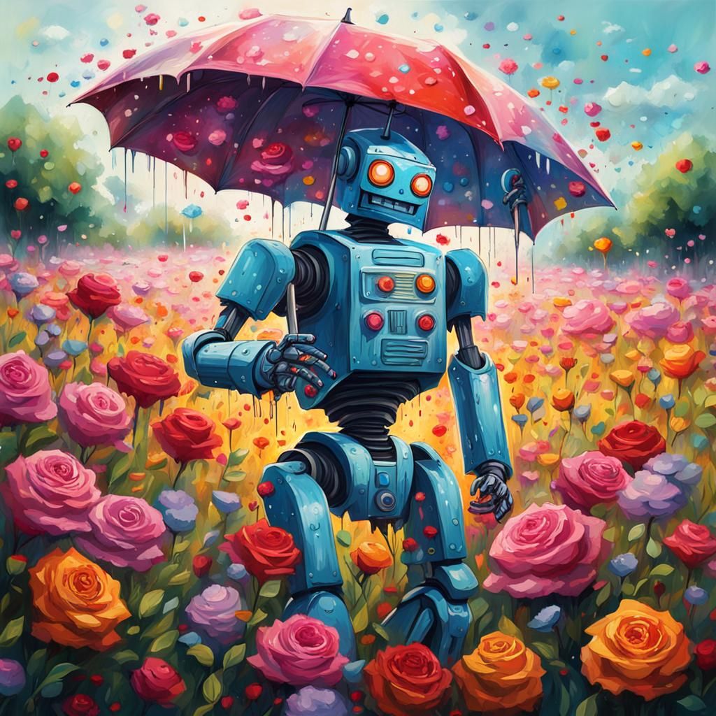 Robot in Flower Field: Graffiti Art Style