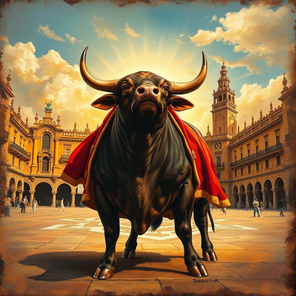 Defiant Bull in Seville Plaza: Classical Oil Painting