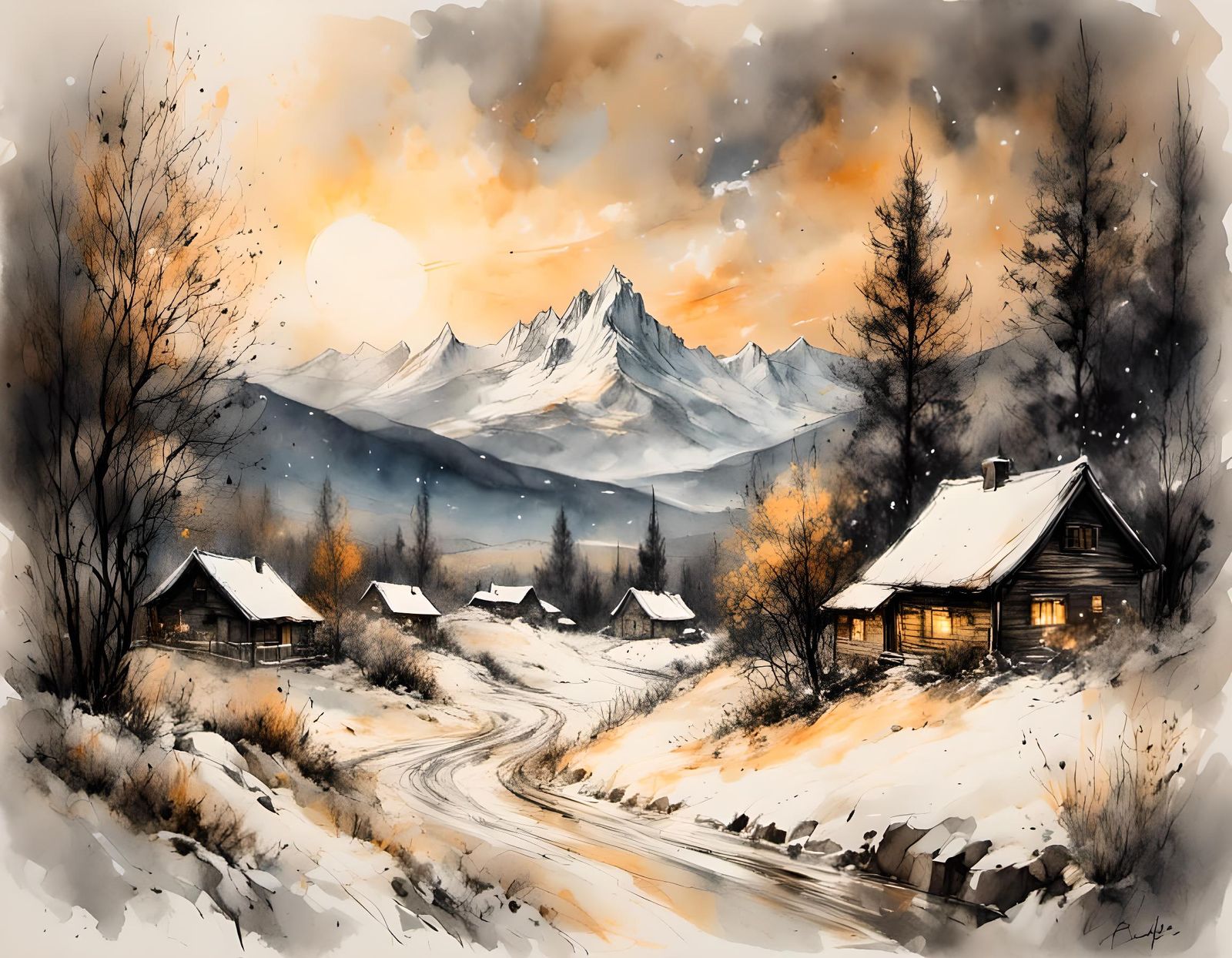 Watercolor Winter Landscape with Synthwave Sunset