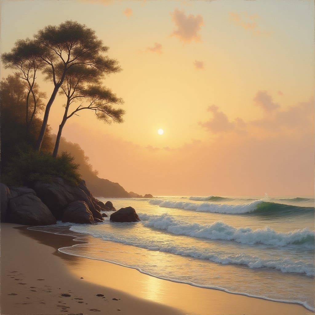 Tonalist Ocean Sunset Landscape with Silhouetted Trees