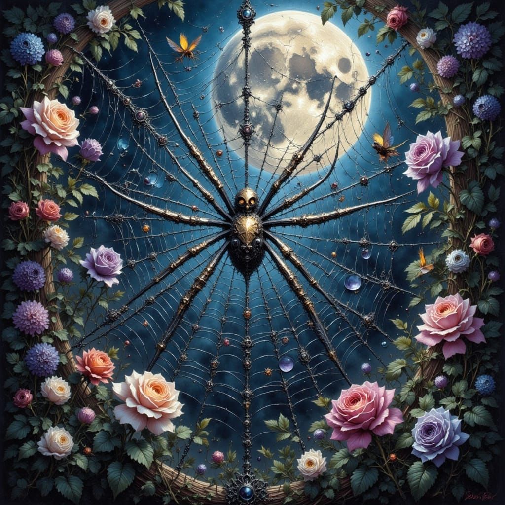 Ethereal Spiderweb in Moonlight Oil Painting