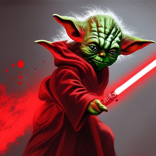 Red Yoda with Lightsaber: Dark Fantasy Concept Art