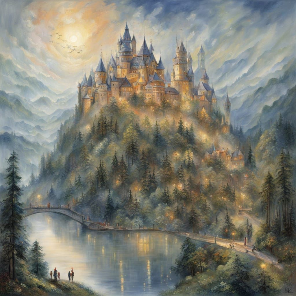 Whimsical Castle Illuminated by Ethereal Mists