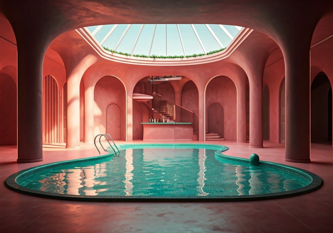 Space-Age Pink and Aqua Swimming Pool Interior