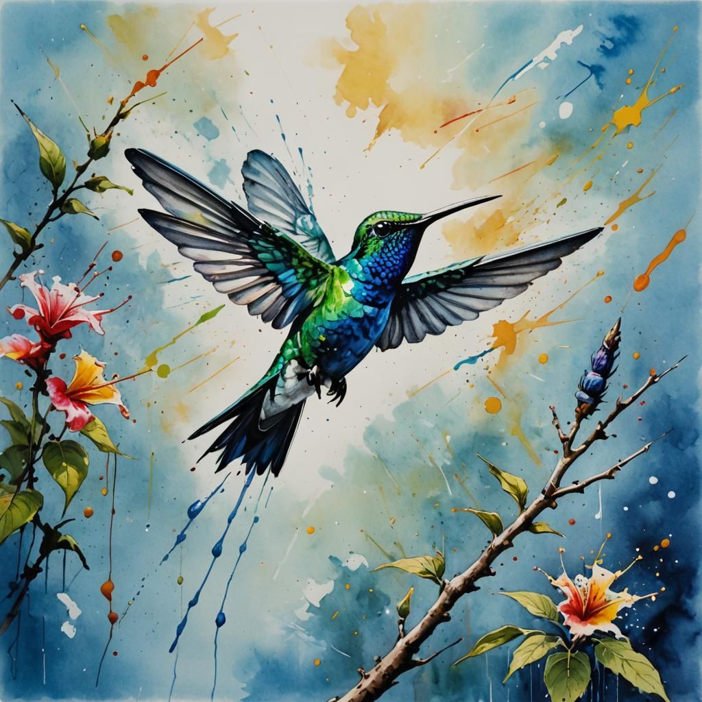 Hummingbird Flight: Pen, Ink, and Watercolor Art