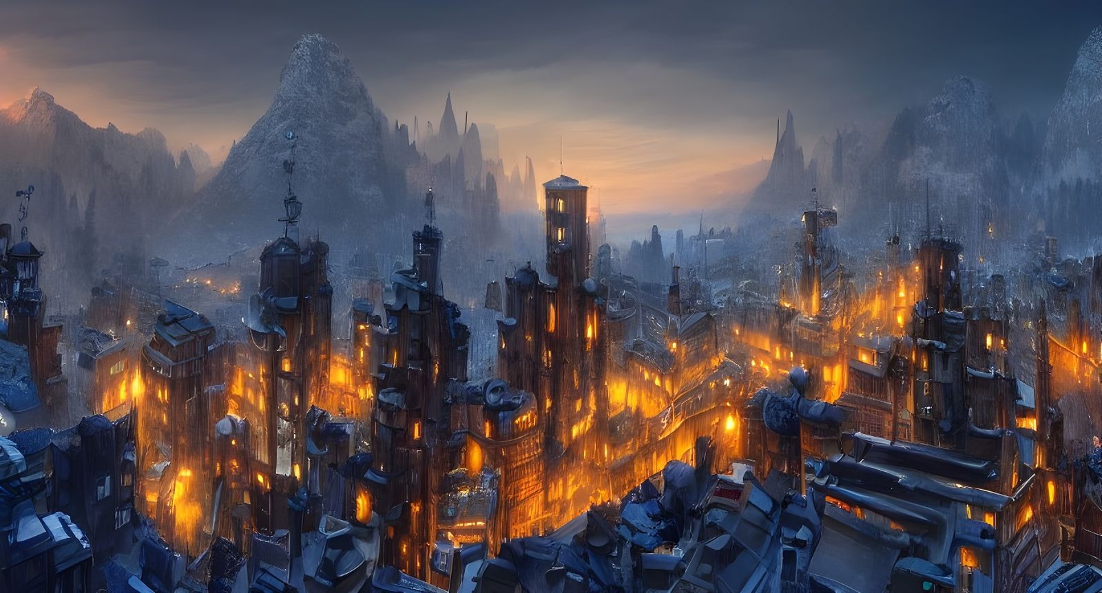Dieselpunk City of Dwarves in Snowy Mountains at Twilight
