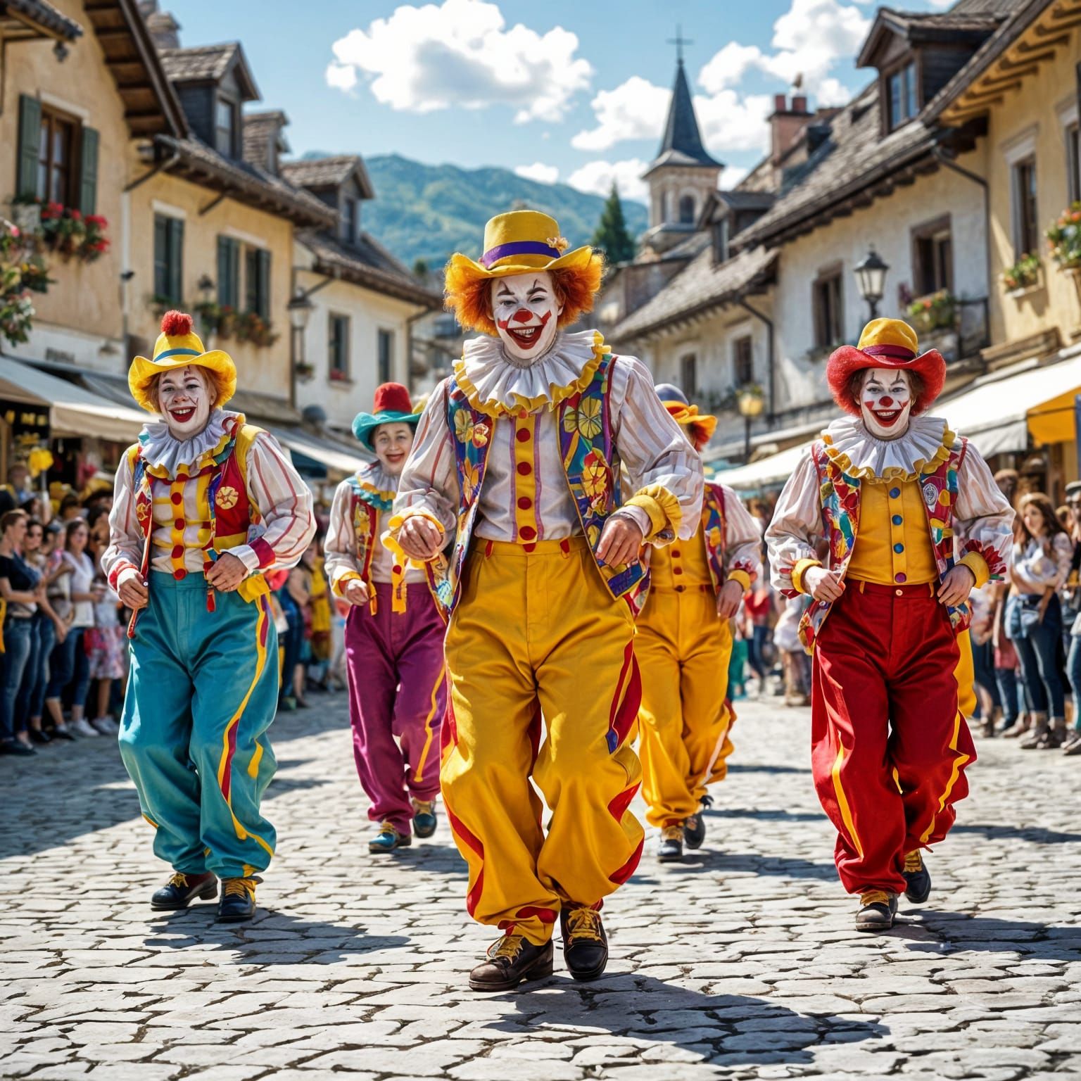 Line Dancing Clowns in Village Square