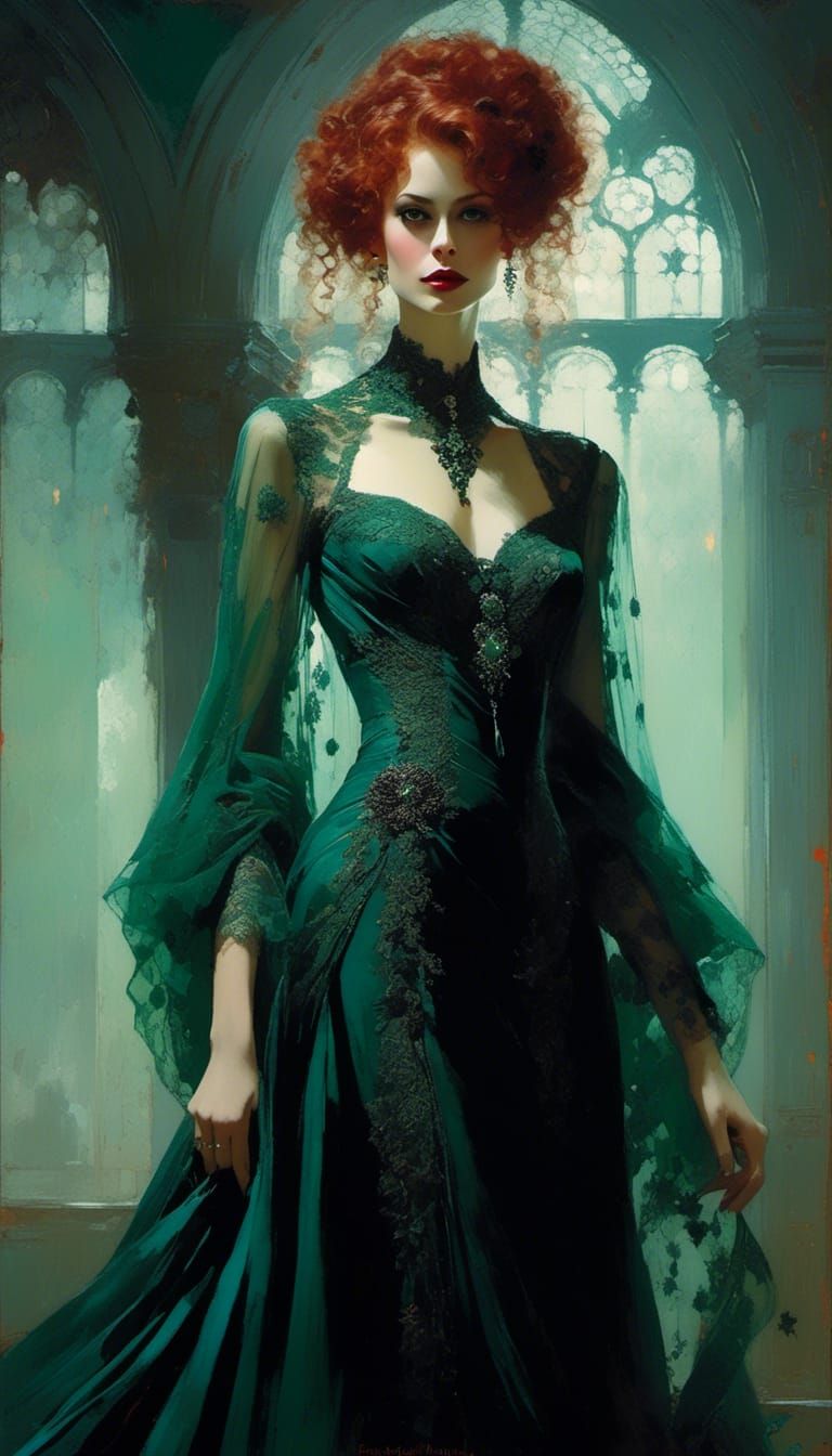 Bride of Dracula: Vampiress in Elegant Green Gown