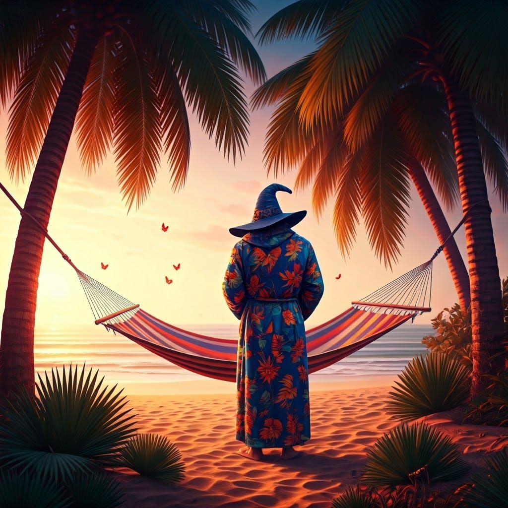 Enchanted Beach Wizard in a Glowing Palm Tree Forest
