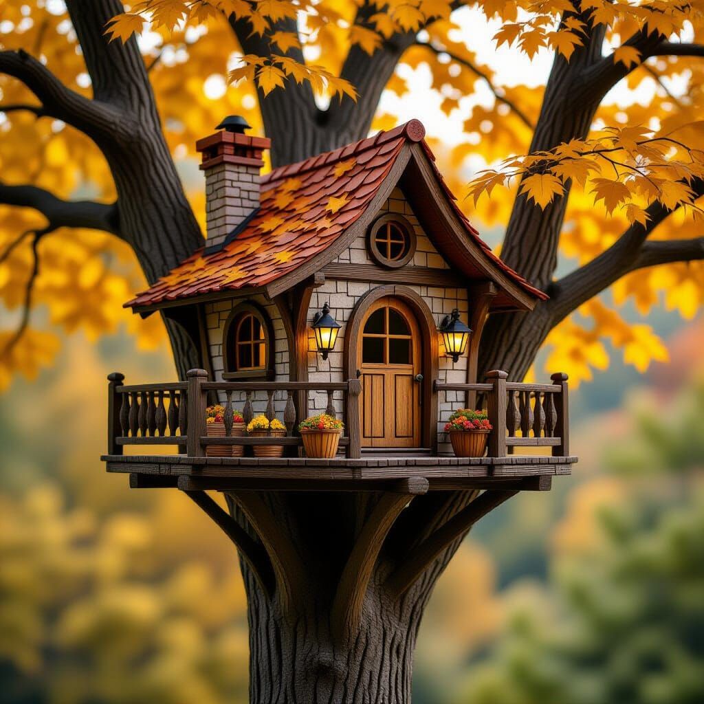Autumnal Tiny Tree Houses with Golden Leaves