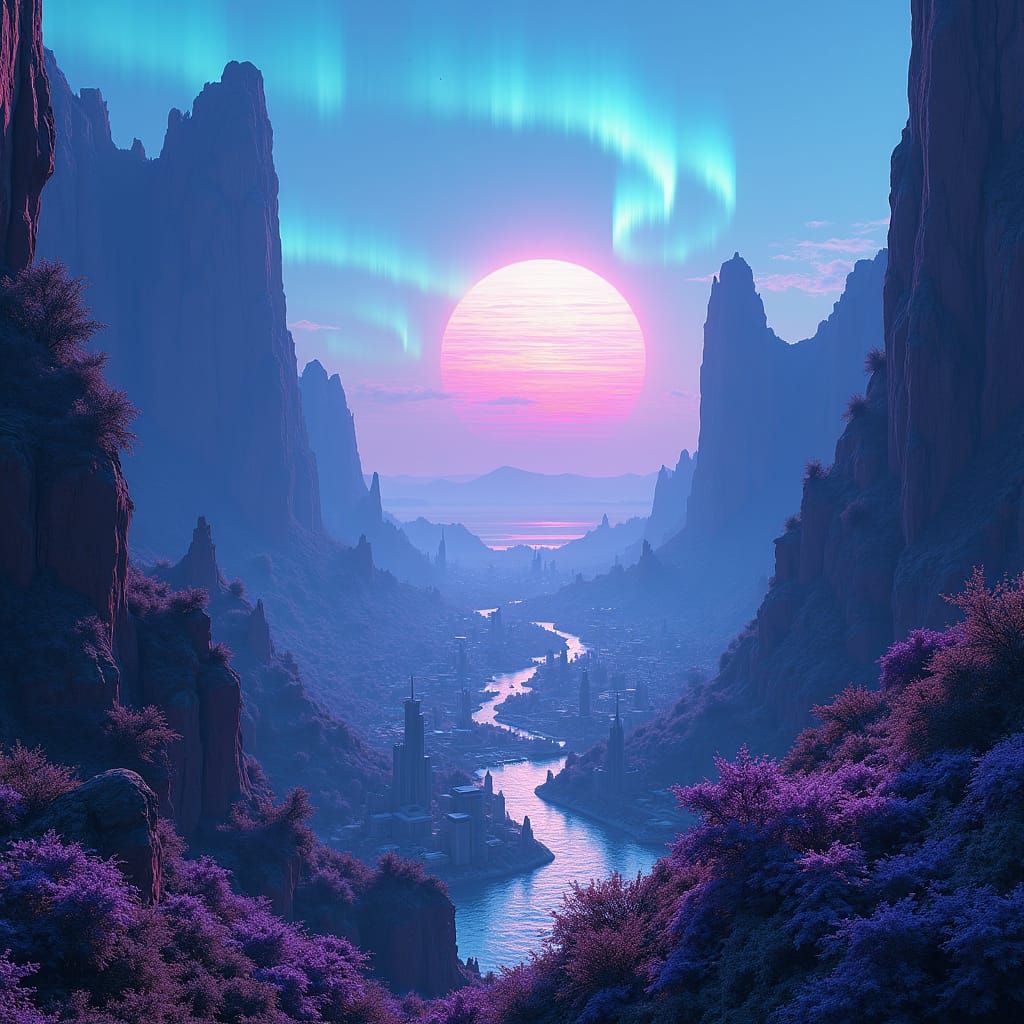 Futuristic Cityscape in Iridescent Canyon Under Distant Sun