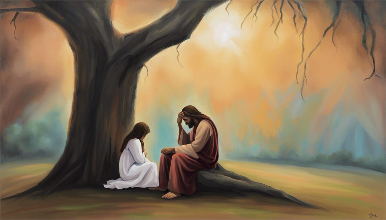 Jesus Comforting Girl: Acrylic Art Illustration