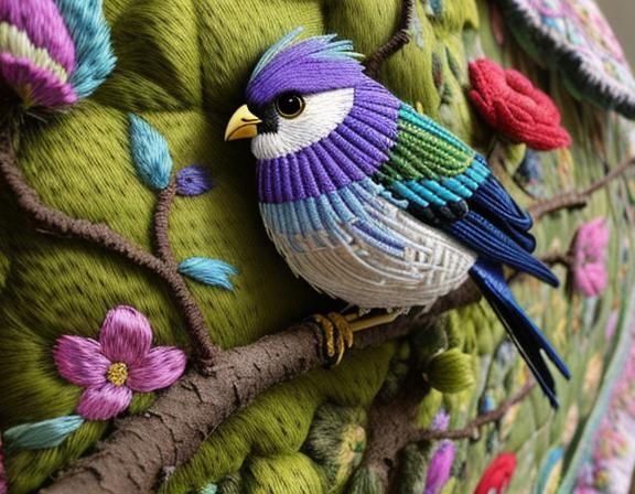 Embroidery Bird on Mossy Branch Tapestry