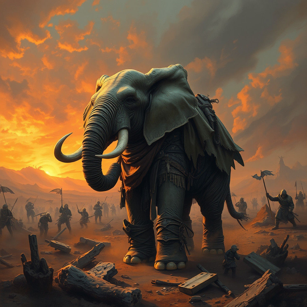 Victorious Elephant-Human Hybrid in a War-Torn Landscape