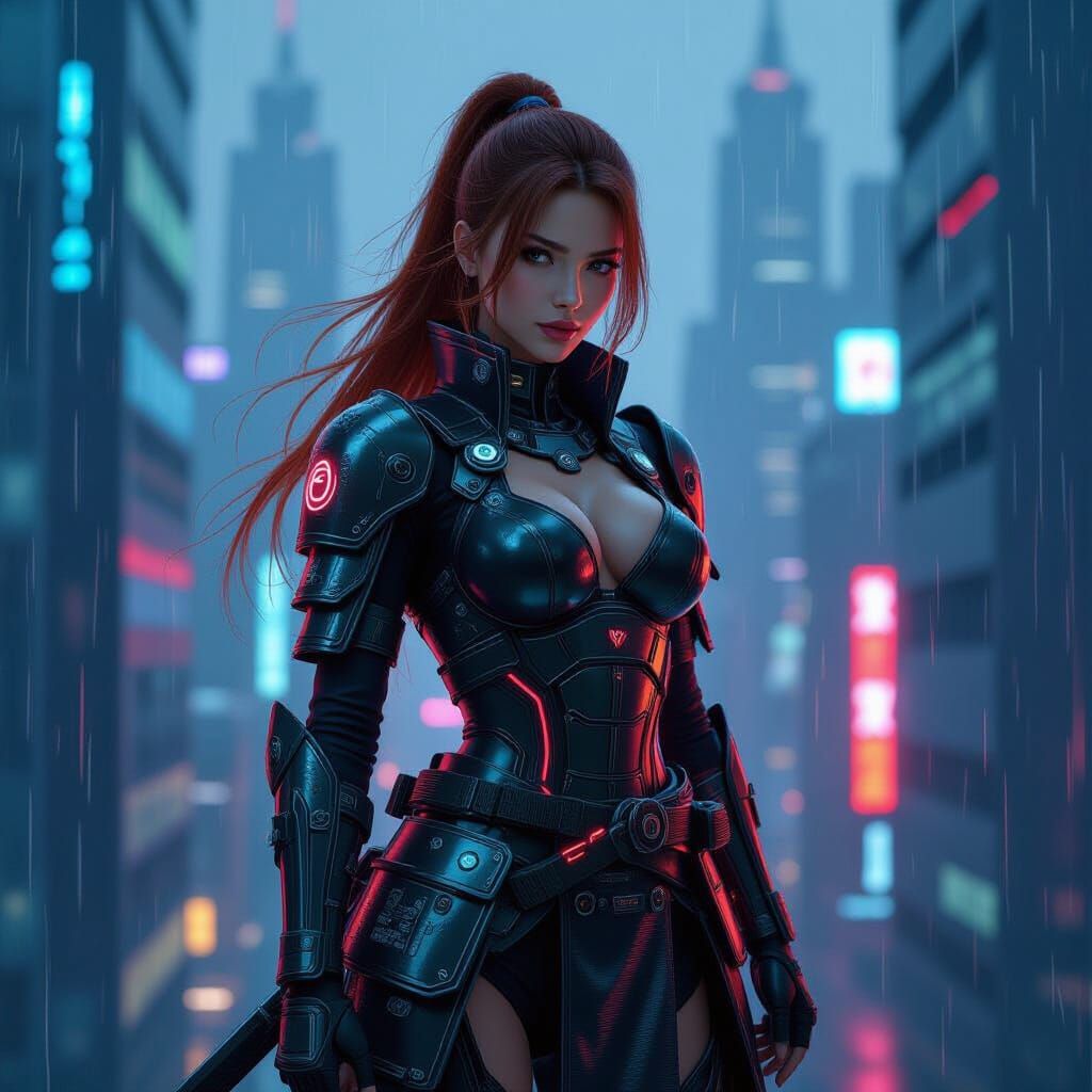 Futuristic Samurai in Rainy Cyberpunk City, CGI Render