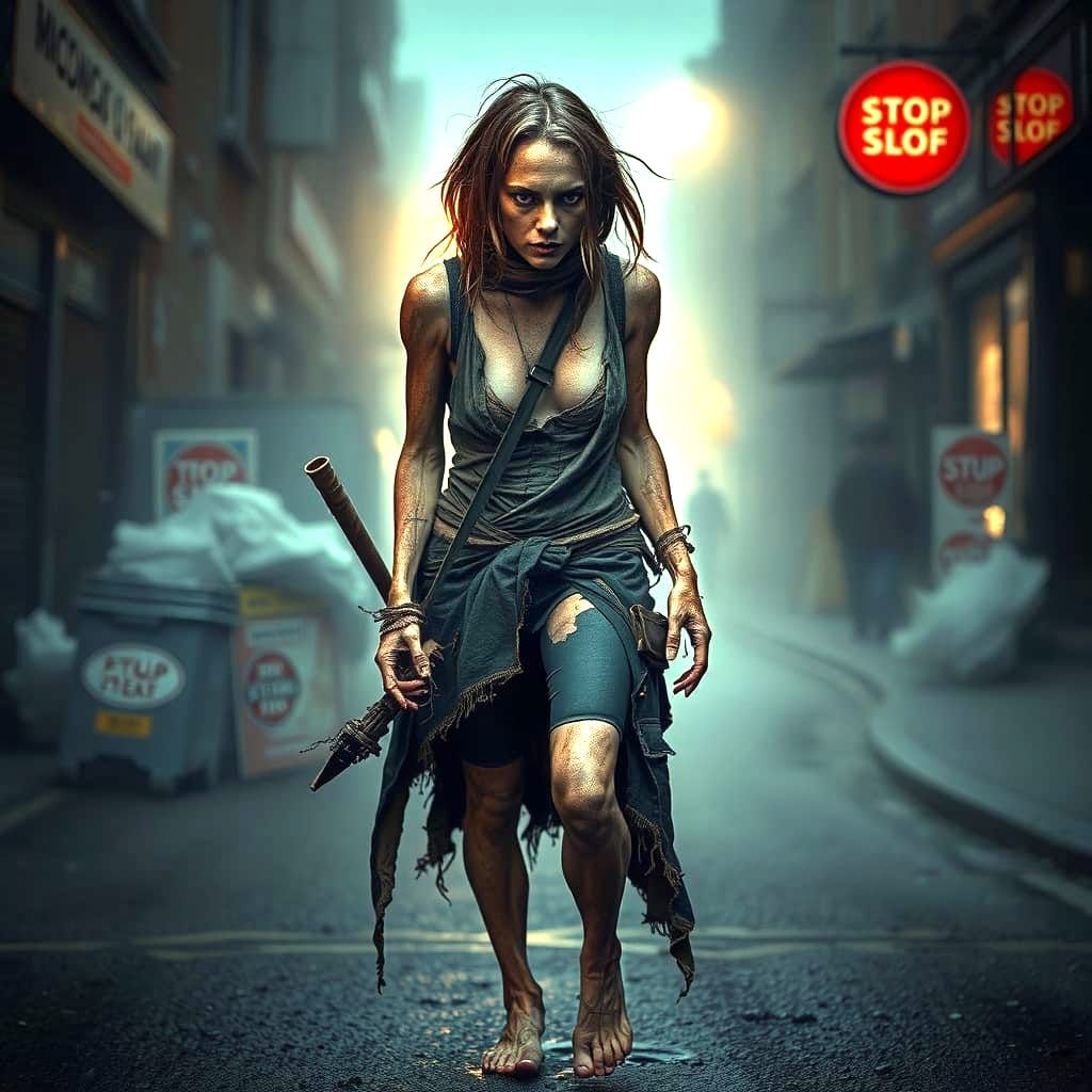 Starved Woman Navigates Fog-Shrouded London Street