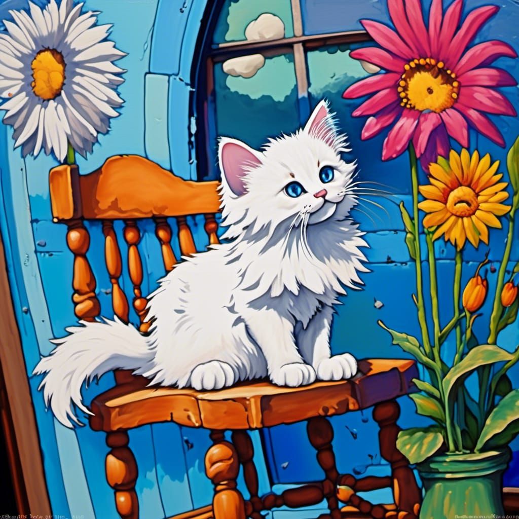 Fluffy Kitten in Blue Living Room: Graffiti Art