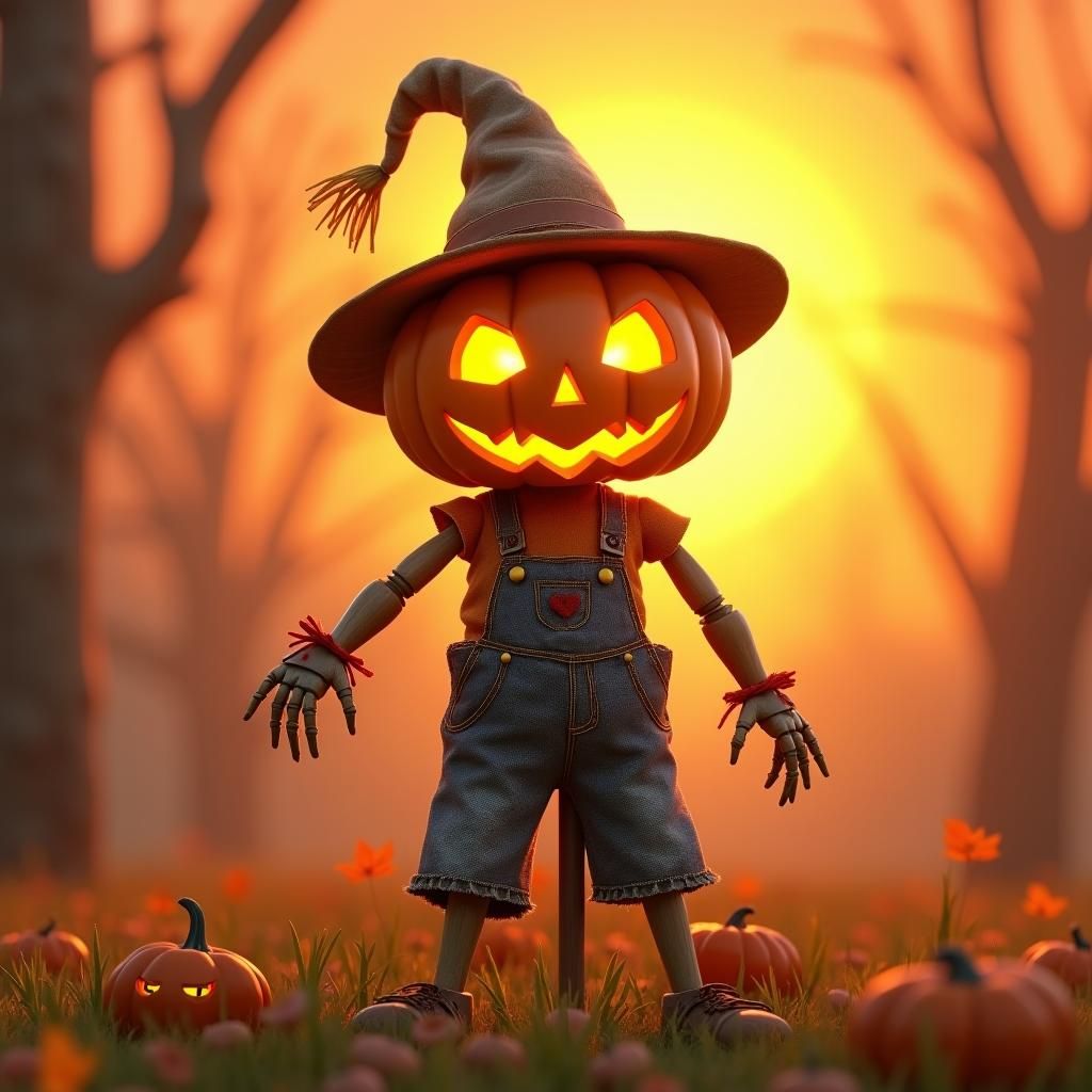 Pumpkin Scarecrow in Whimsical 3D Autumn Landscape