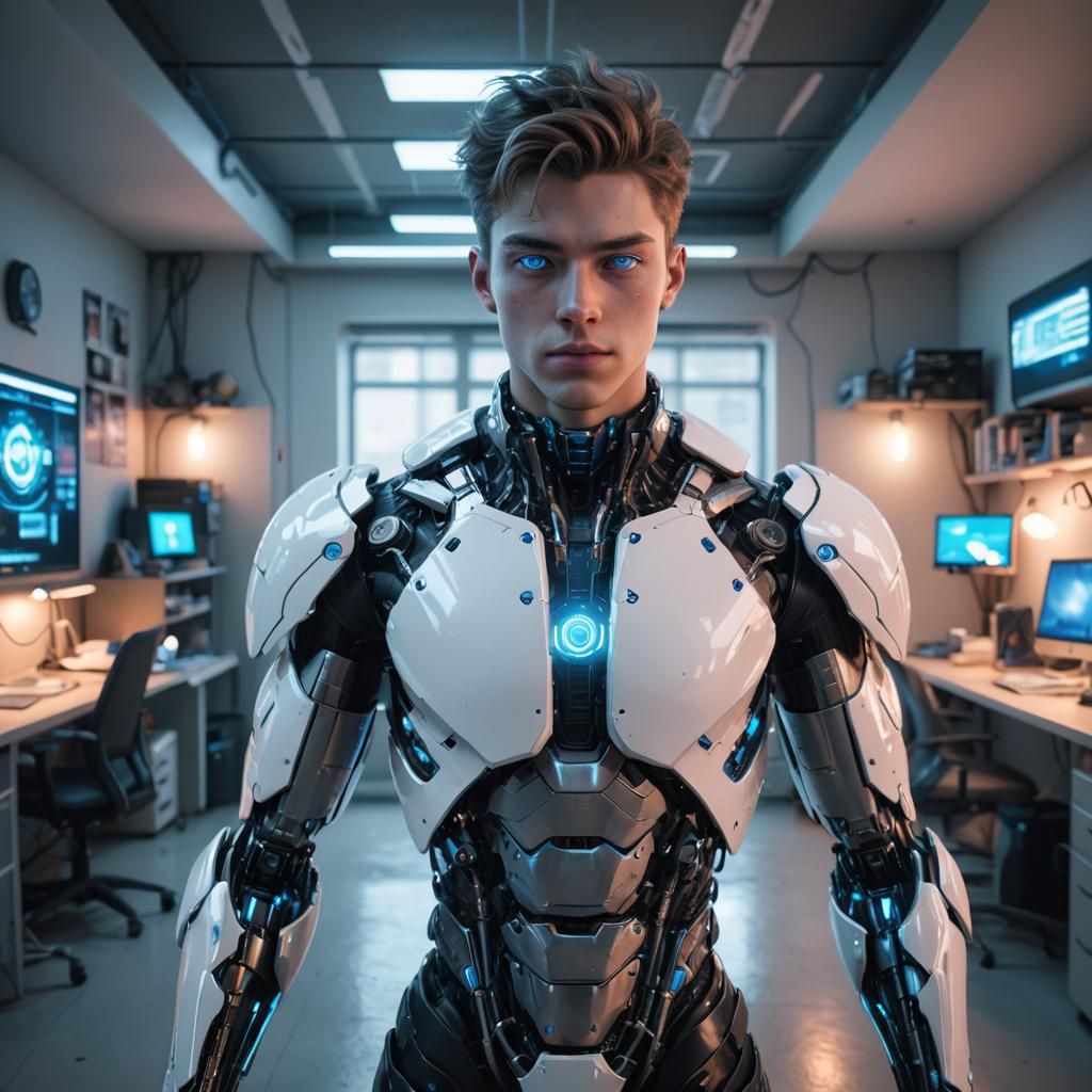 Handsome Cyborg in College Dorm Room, Cyberpunk Style