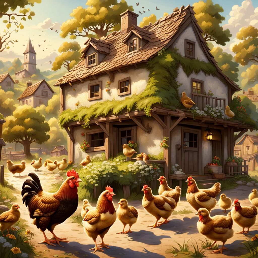 Hen and Chicks in Village: Detailed Matte Painting