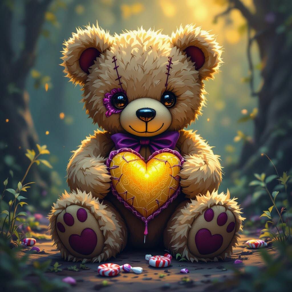 Dark Fantasy Teddy Bear with Stitched Heart and Candy