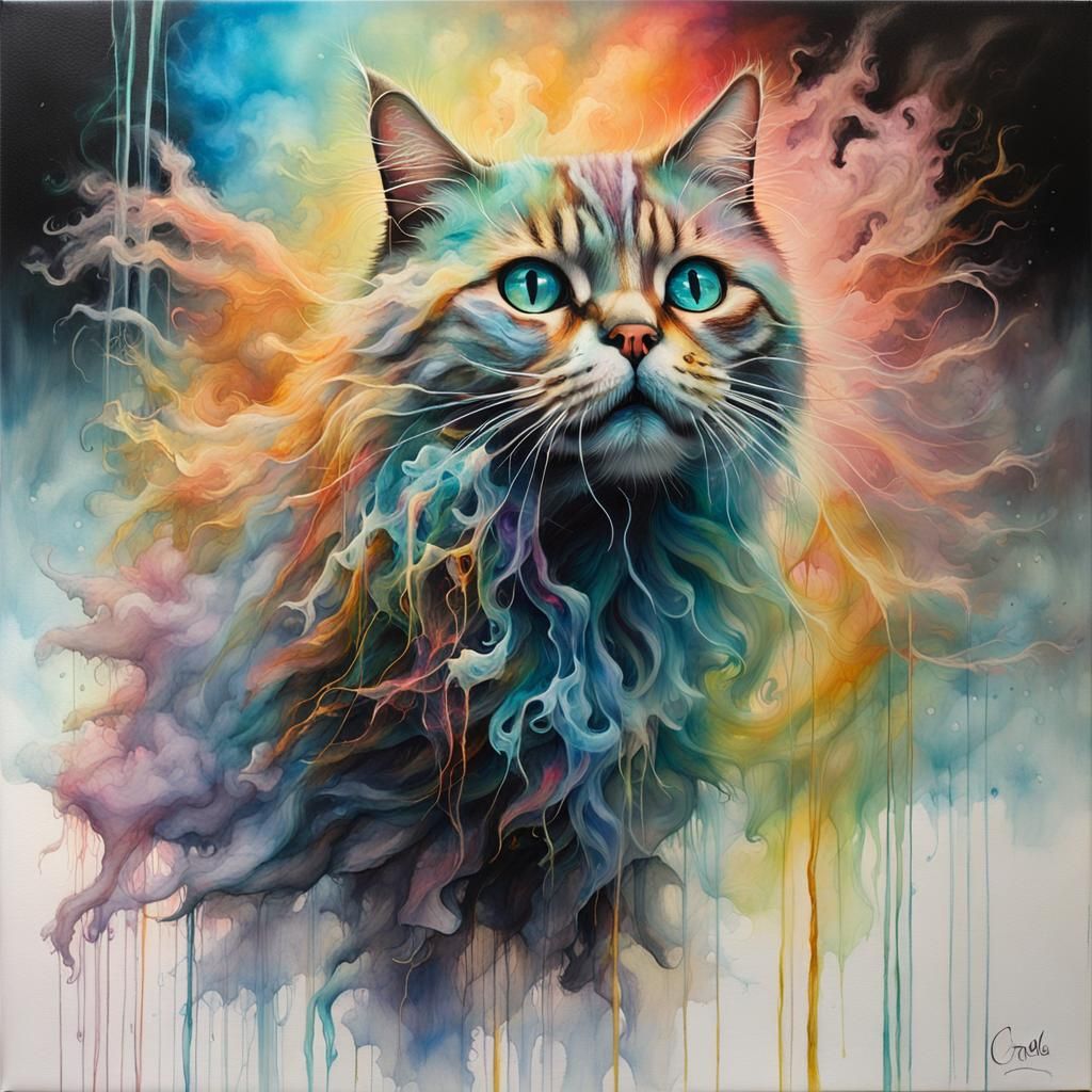 Colorful Smoke Cat: Ethereal Mixed Media Art