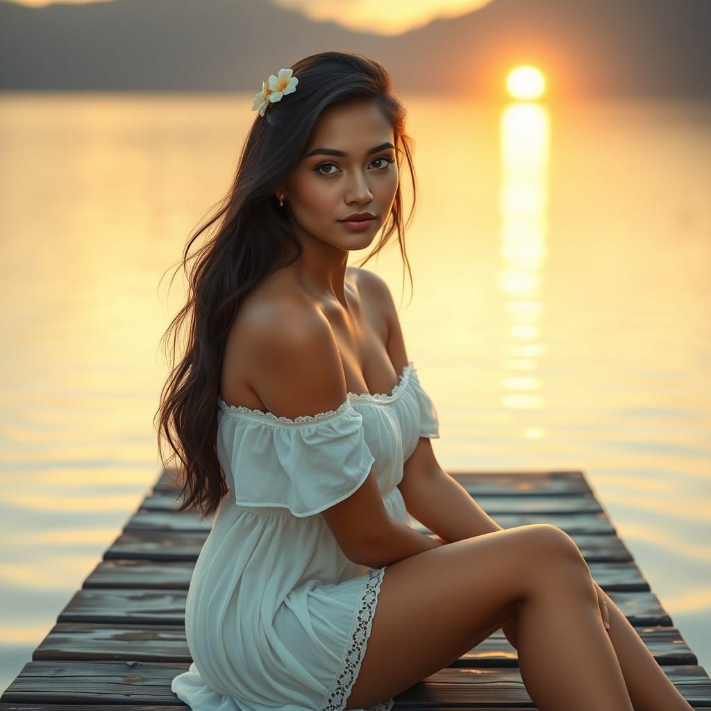 Serene Native Hawaiian Woman on Wooden Dock in Painterly Sty...