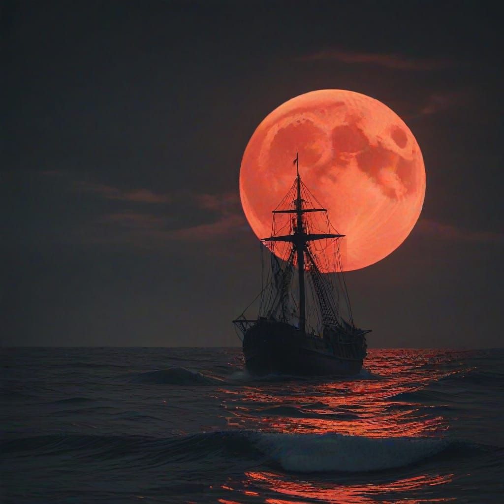 Menacing Presence in Devil's Sea Under Blood Moon