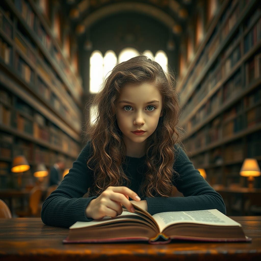 Girl Reading in Grand Library: Evokes Photographic Style