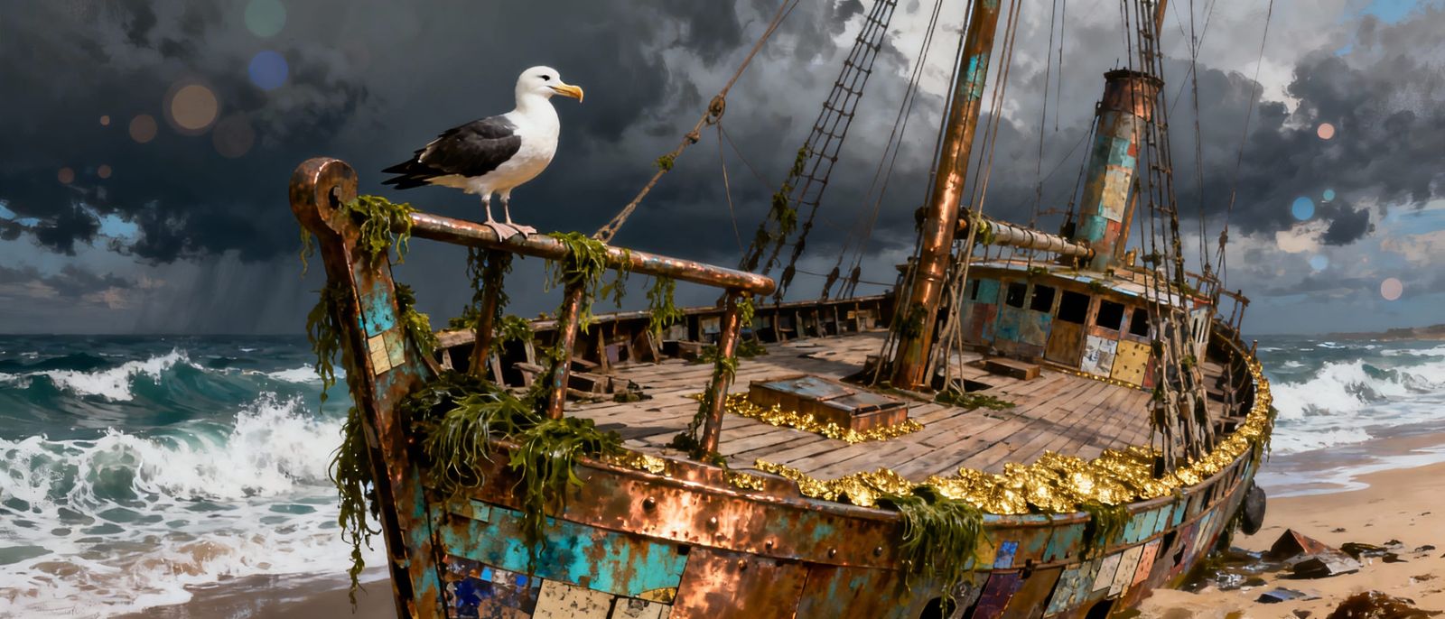 Rustic Shipwreck on Shore with Albatross, Mixed Media Collag...