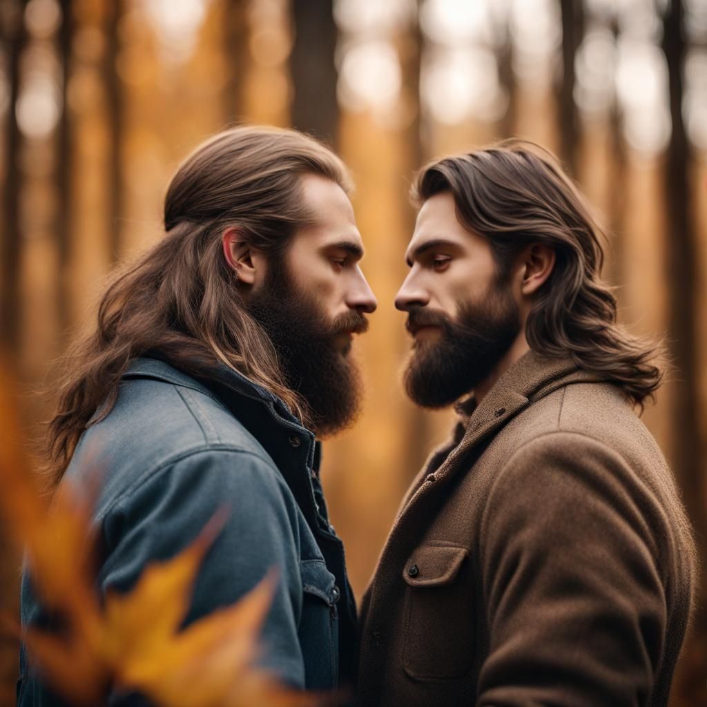Men's Loving Embrace in Autumn Forest Photography