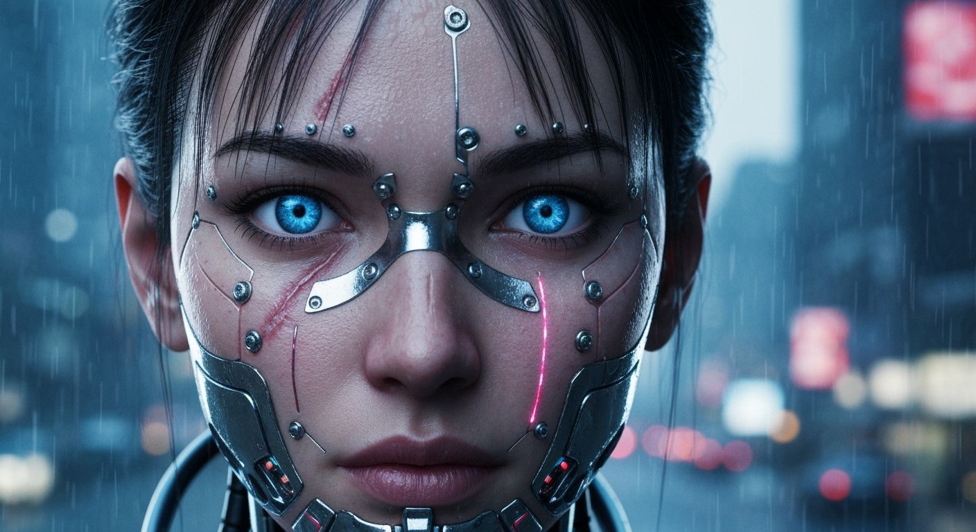 Cyborg Woman Portrait with Glowing Eyes in Rainy City