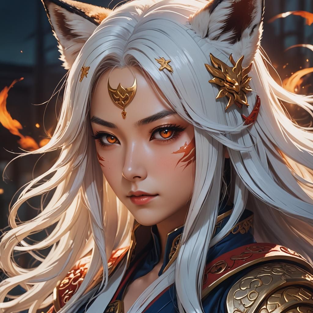 Anime Fox Ninja Goddess with White Hair