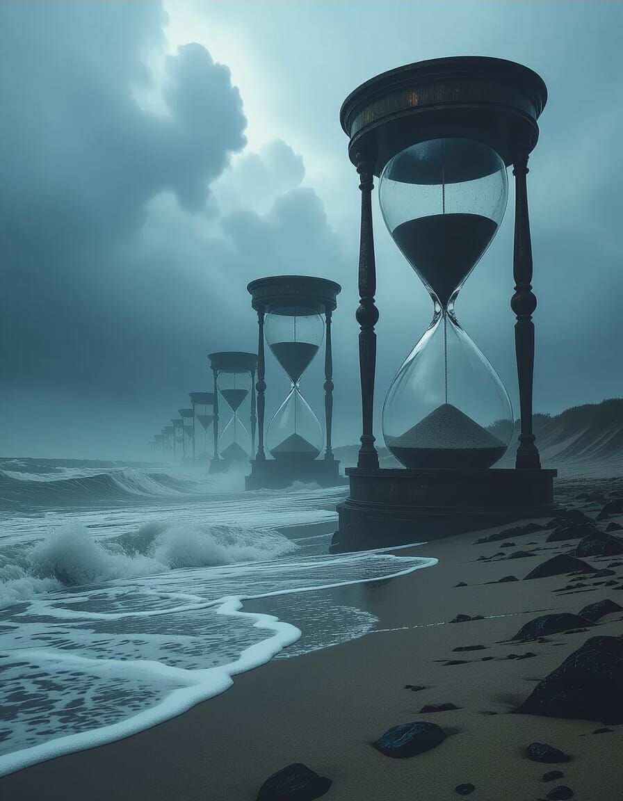 Hourglasses on a Stormy Shoreline: Surreal Seascape