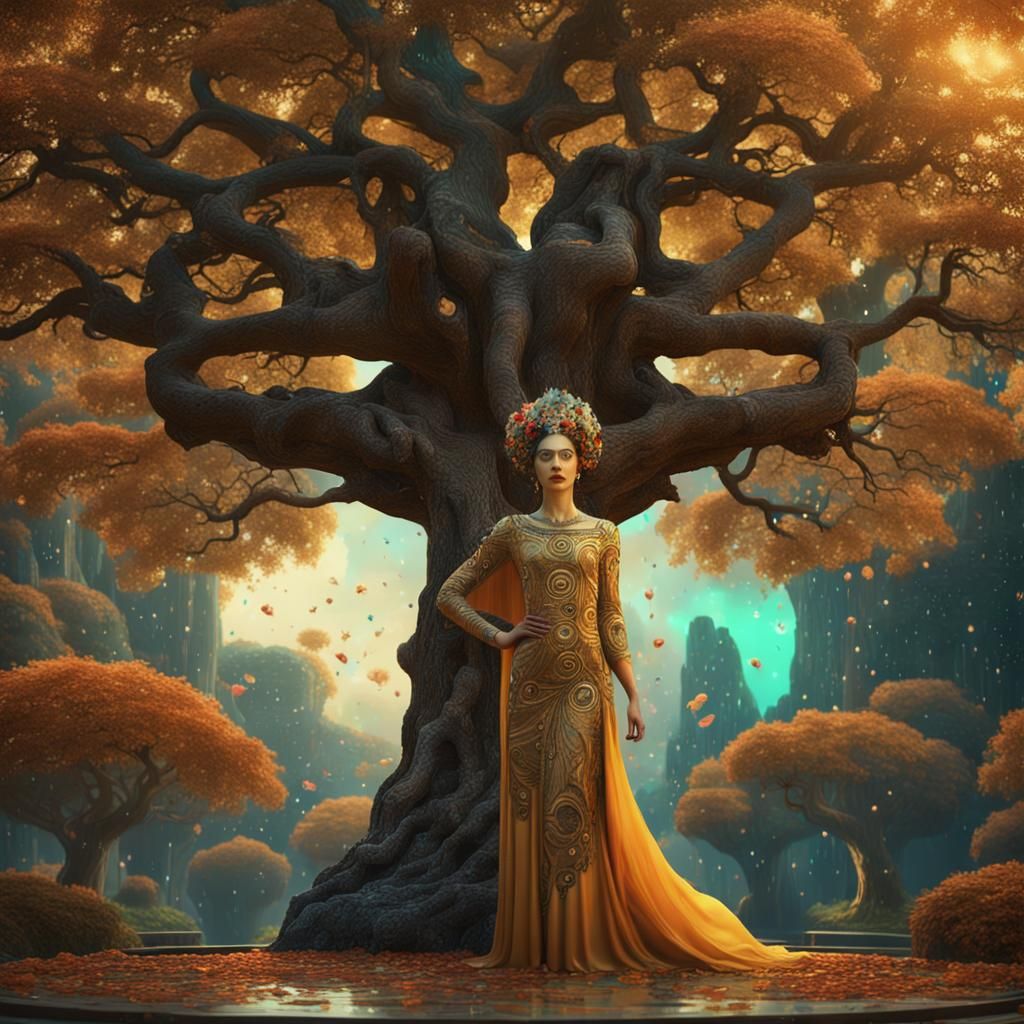 Art Deco Goddess in Klimt Style by Tree