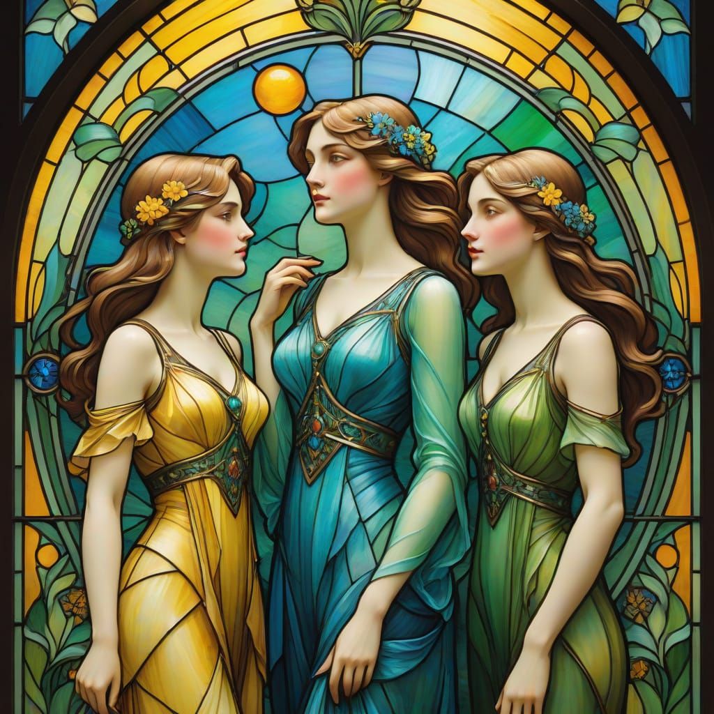 Elegant Women in Art Nouveau Stained Glass Composition